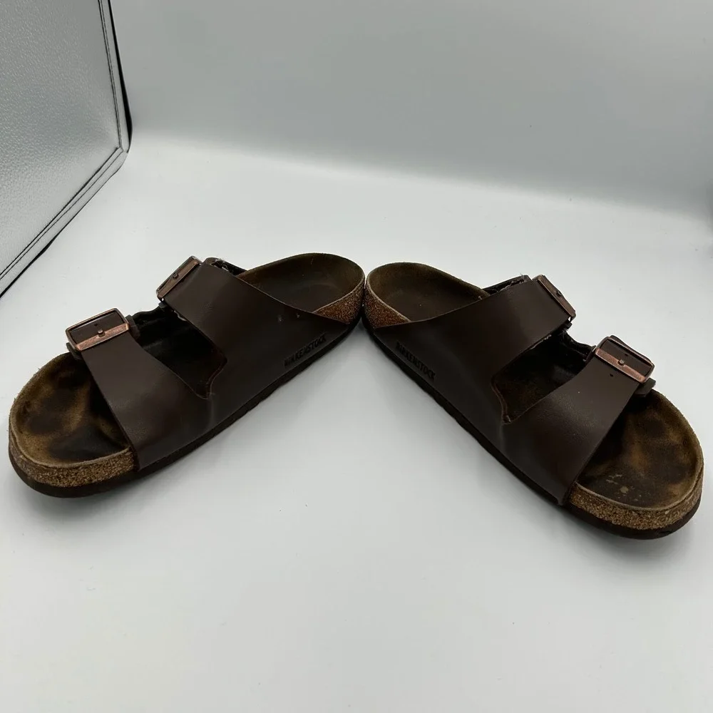 Birkenstock Arizona Sandals Mens 40 Brown Birko-Flor Two Strap Slides